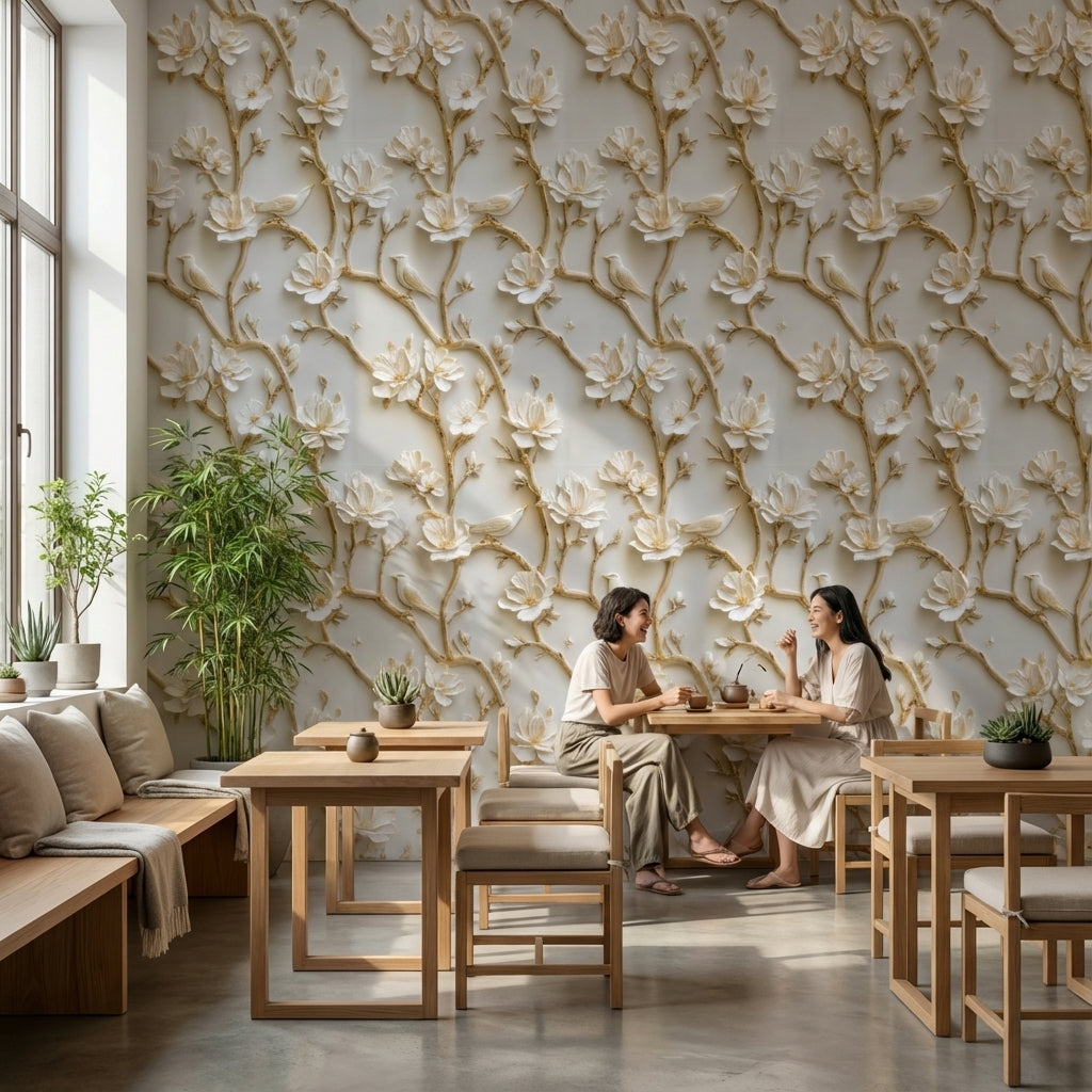 Beige and Gold Look 3D Floral and Bird Wallpaper
