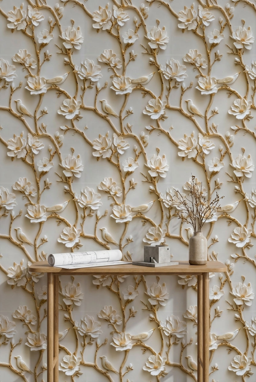 Beige and Gold Look 3D Floral and Bird Wallpaper
