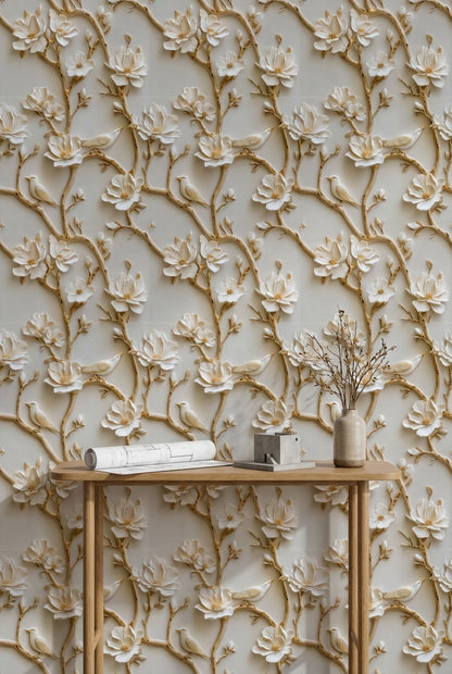 Beige and Gold Look 3D Floral and Bird Wallpaper
