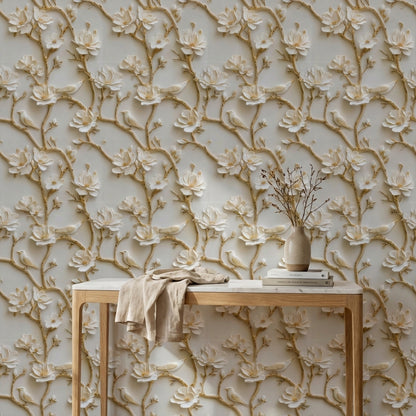 Beige and Gold Look 3D Floral and Bird Wallpaper