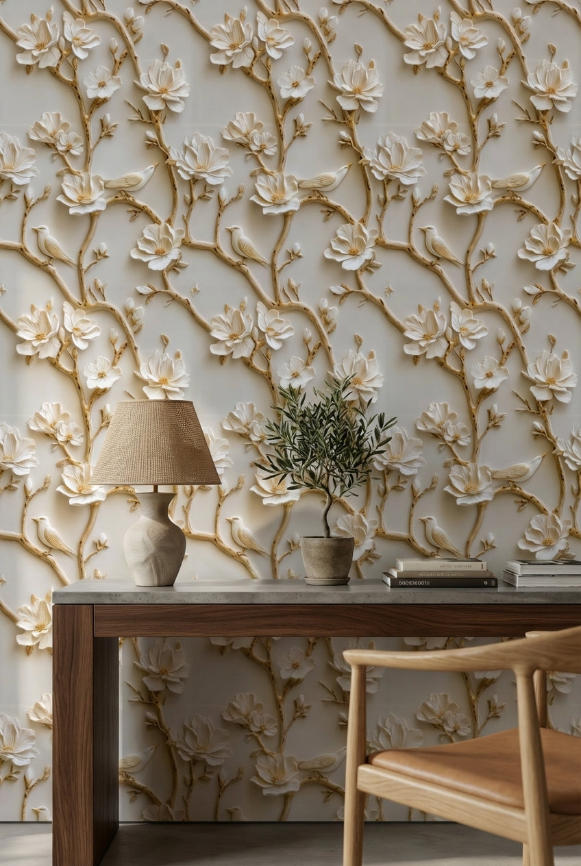 Beige and Gold Look 3D Floral and Bird Wallpaper