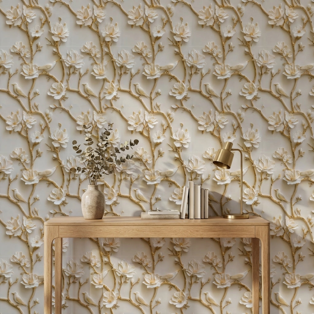 Beige and Gold Look 3D Floral and Bird Wallpaper
