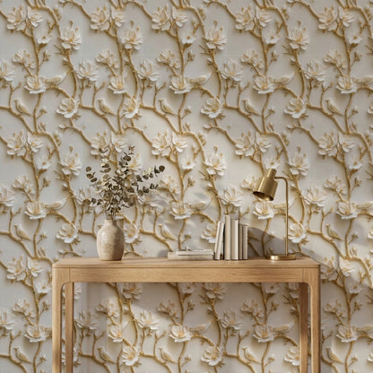 Beige and Gold Look 3D Floral and Bird Wallpaper