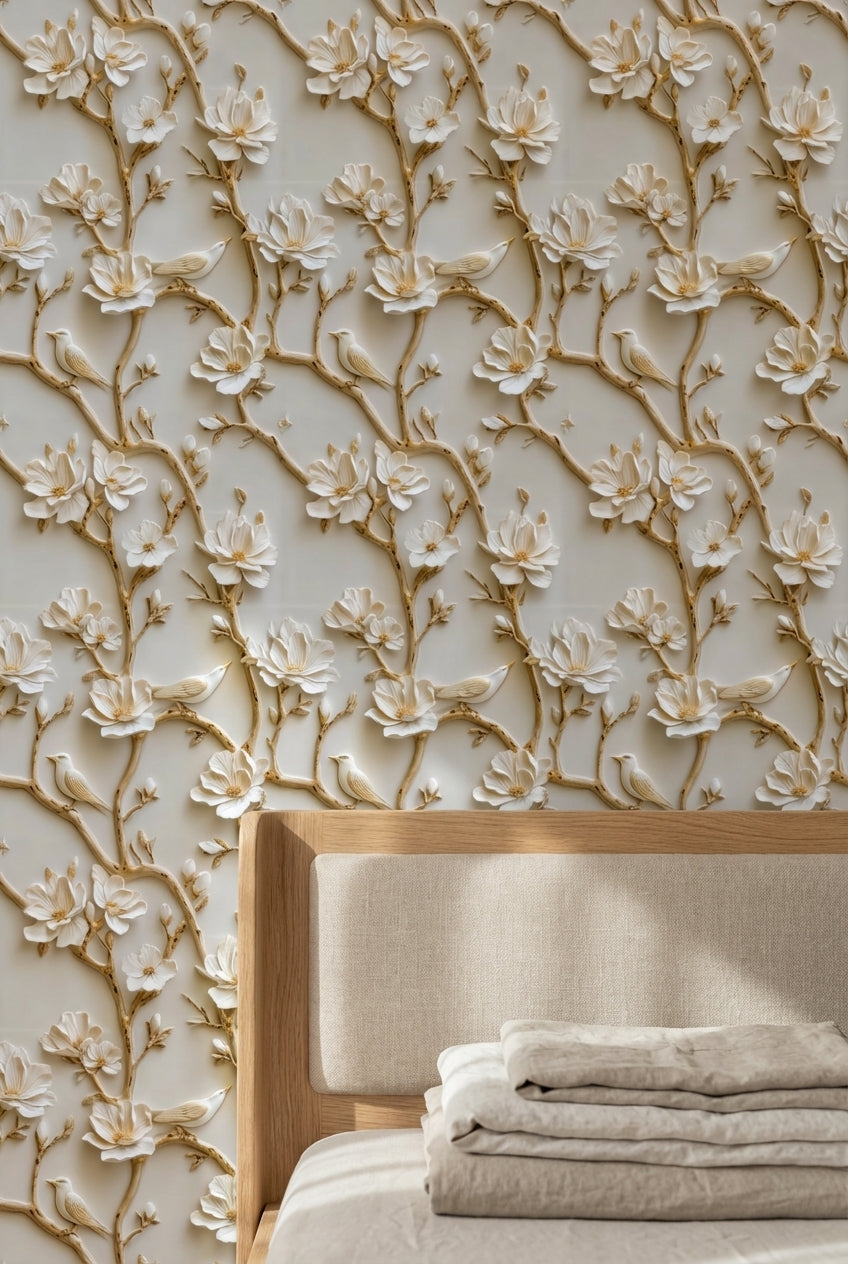 Beige and Gold Look 3D Floral and Bird Wallpaper