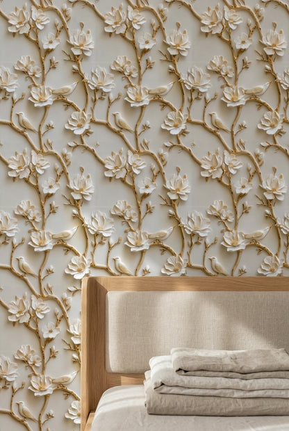 Beige and Gold Look 3D Floral and Bird Wallpaper