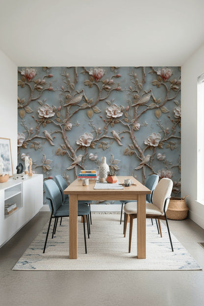 Powder Blue Magnolia and Bird Floral Wallpaper
