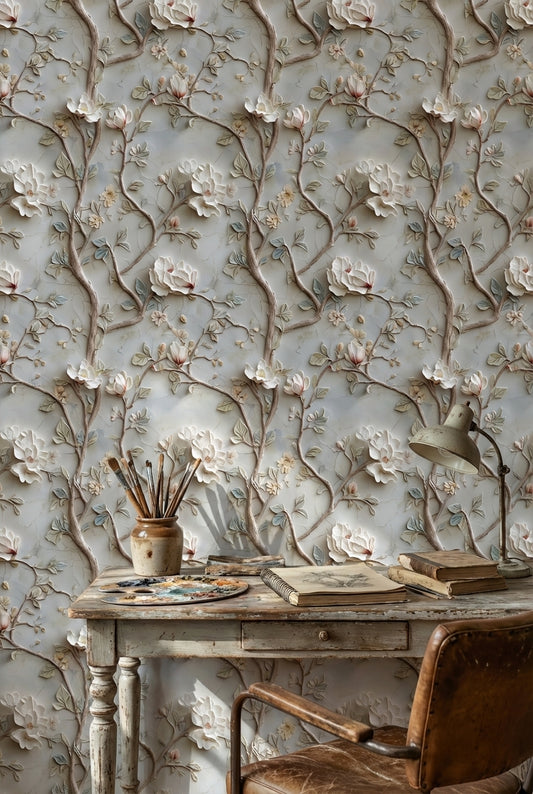 Soft Gray Magnolia Floral Wallpaper