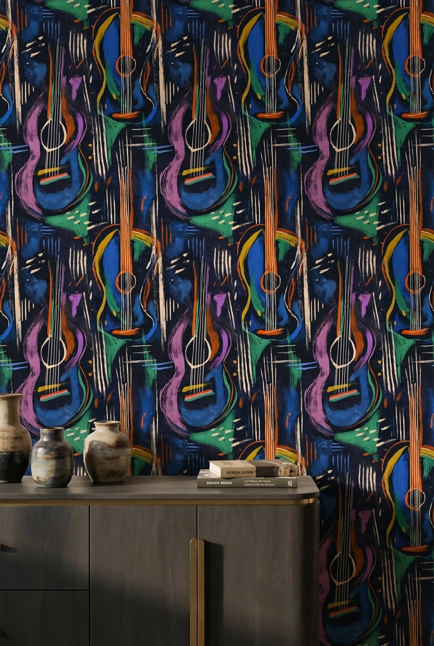 Dark Multicolor Abstract Guitar Music Wallpaper