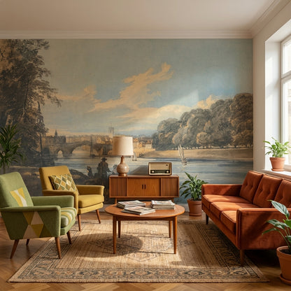 Vintage Landscape Wallpaper River Bridge Wall Mural