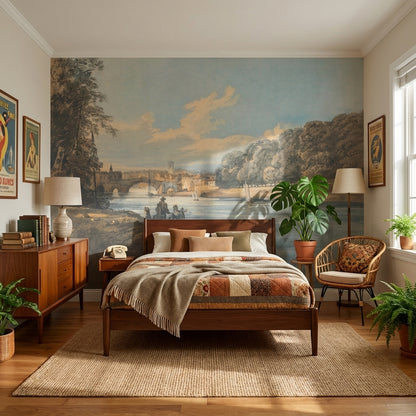 Vintage Landscape Wallpaper River Bridge Wall Mural