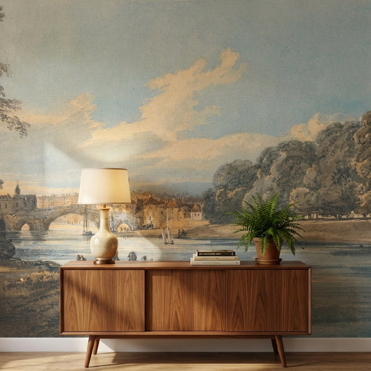 Vintage Landscape Wallpaper River Bridge Wall Mural