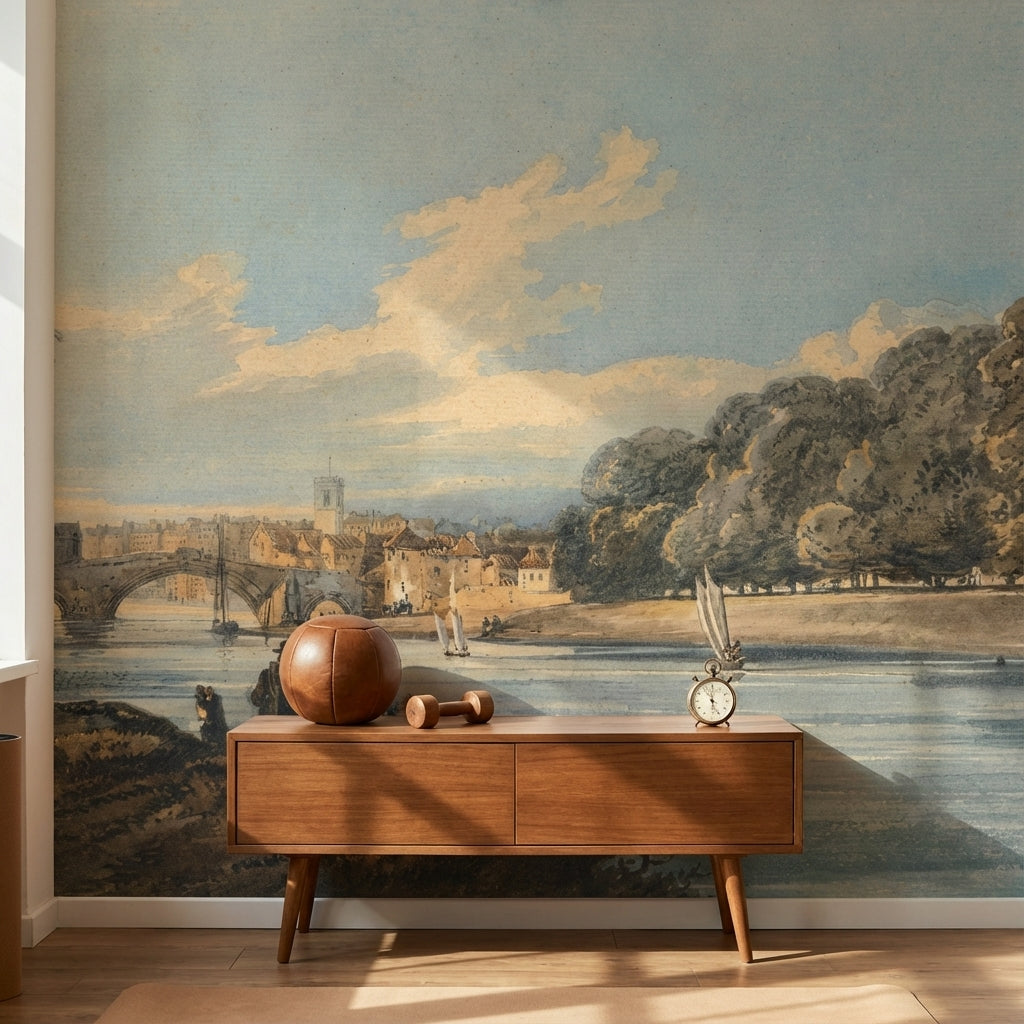 Vintage Landscape Wallpaper River Bridge Wall Mural