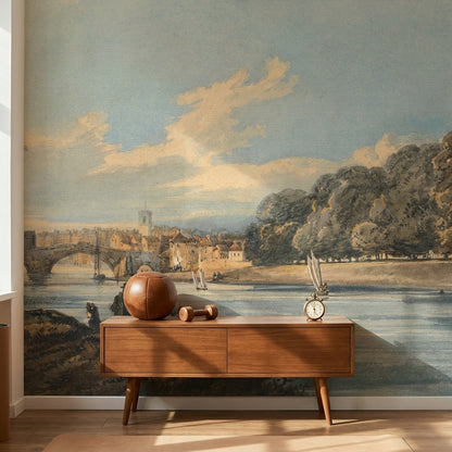 Vintage Landscape Wallpaper River Bridge Wall Mural