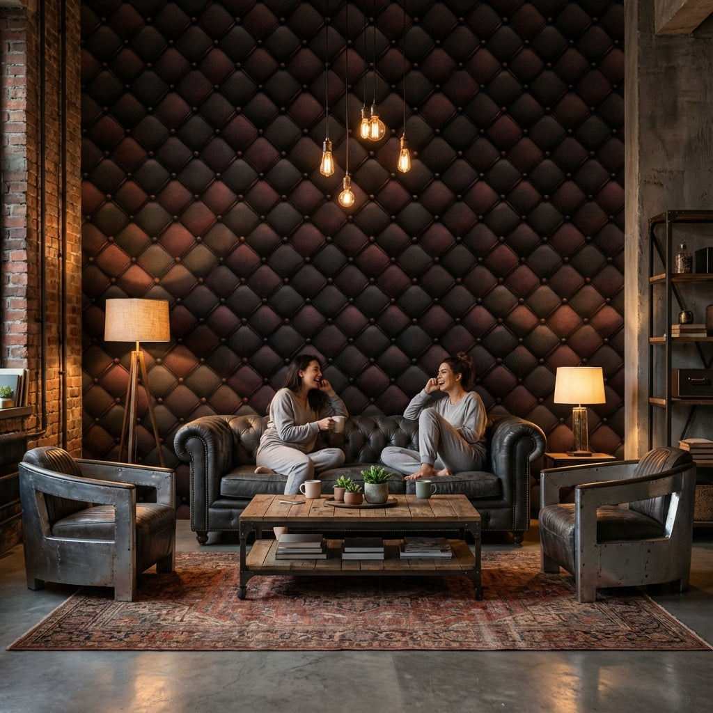 Dark Burgundy Quilted Leather 3D Effect Wallpaper