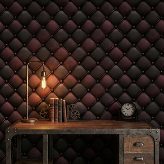 Dark Burgundy Quilted Leather 3D Effect Wallpaper