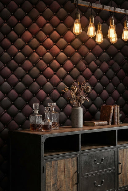 Dark Burgundy Quilted Leather 3D Effect Wallpaper