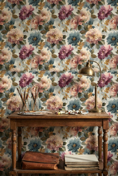 Cream Multicolor Large Floral Wallpaper