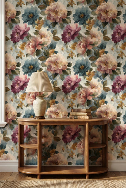 Cream Multicolor Large Floral Wallpaper