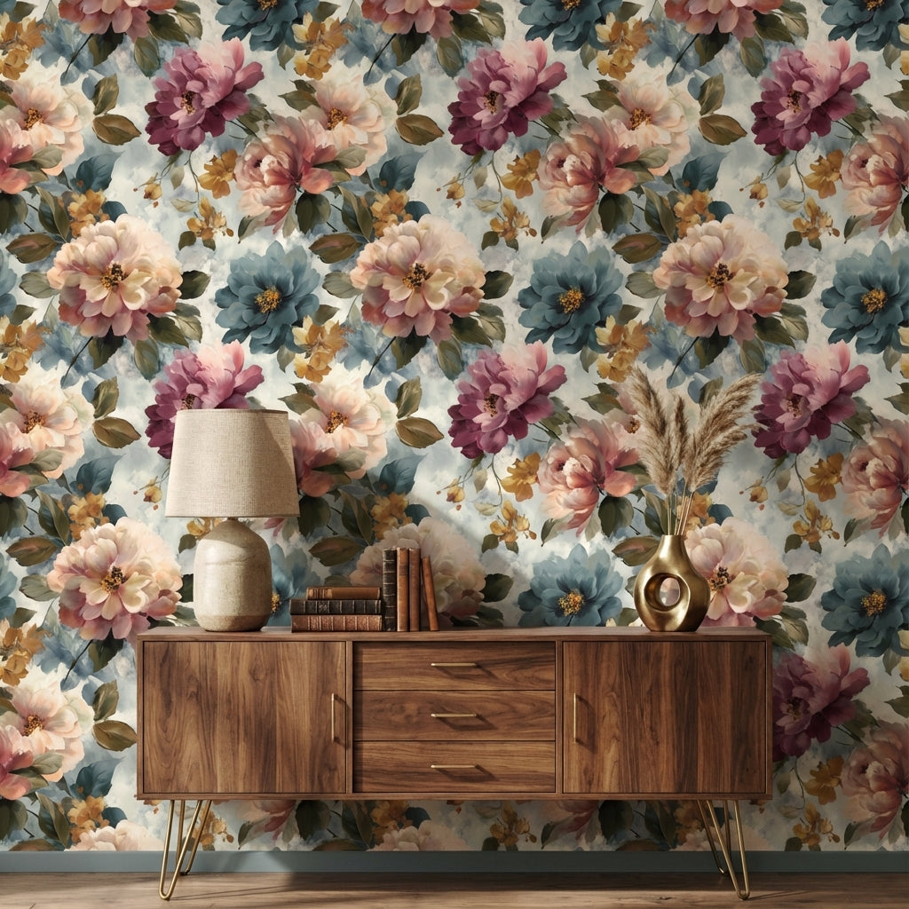 Cream Multicolor Large Floral Wallpaper