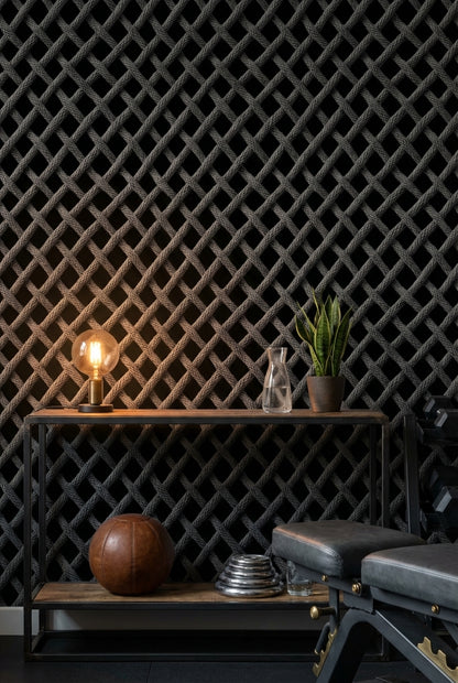 Charcoal Black Woven Textured Abstract Wallpaper