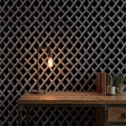 Charcoal Black Woven Textured Abstract Wallpaper
