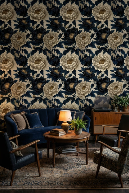 Beige and Navy Blue Peony Floral Wallpaper