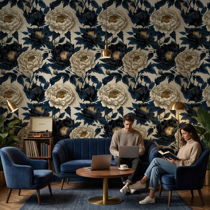 Beige and Navy Blue Peony Floral Wallpaper