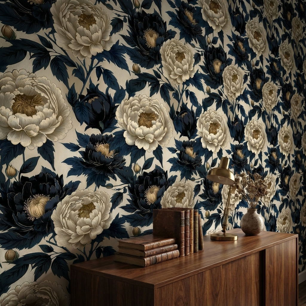 Beige and Navy Blue Peony Floral Wallpaper