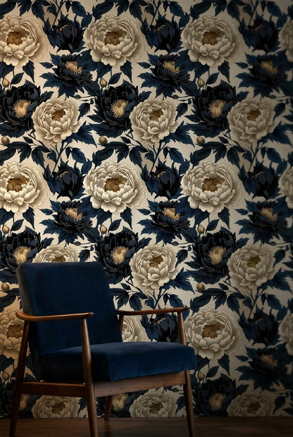 Beige and Navy Blue Peony Floral Wallpaper