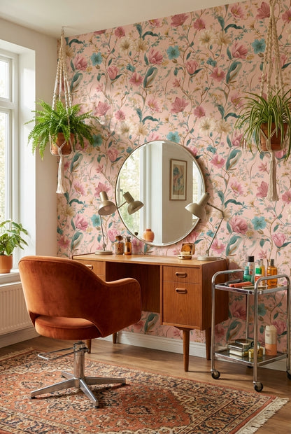 Blush Pink Vintage Wildflower Pattern Wallpaper