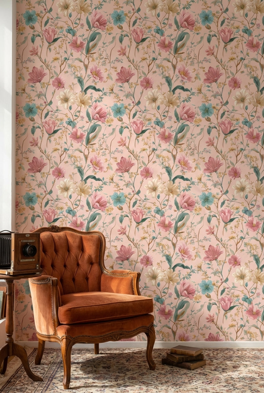 Blush Pink Vintage Wildflower Pattern Wallpaper