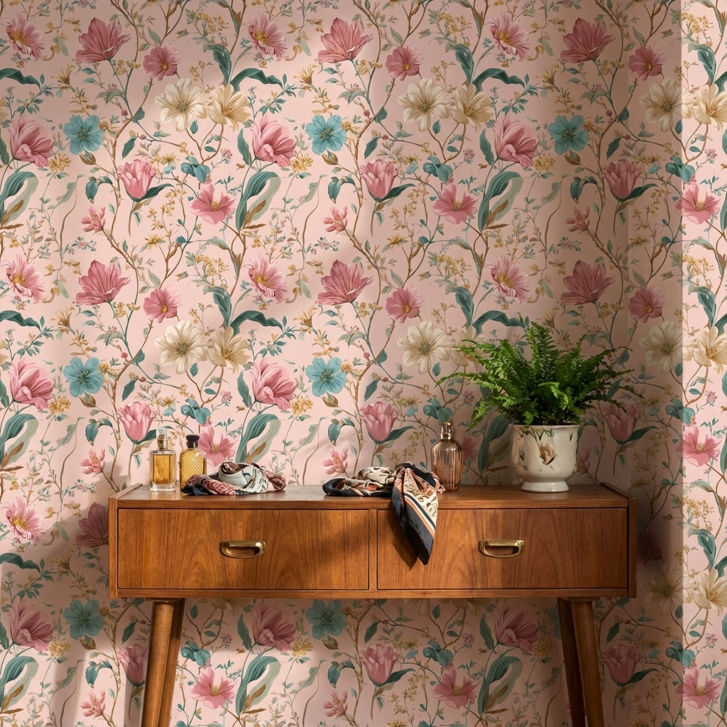 Blush Pink Vintage Wildflower Pattern Wallpaper