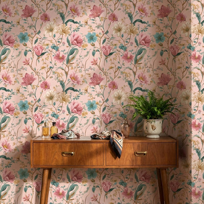 Blush Pink Vintage Wildflower Pattern Wallpaper