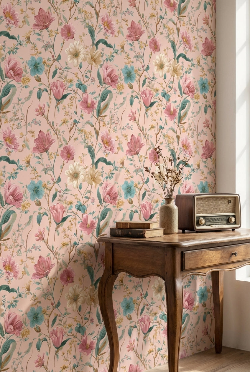 Blush Pink Vintage Wildflower Pattern Wallpaper