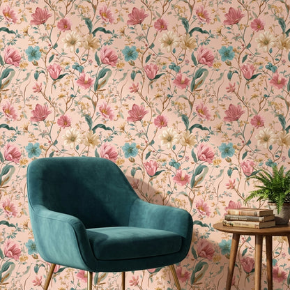 Blush Pink Vintage Wildflower Pattern Wallpaper