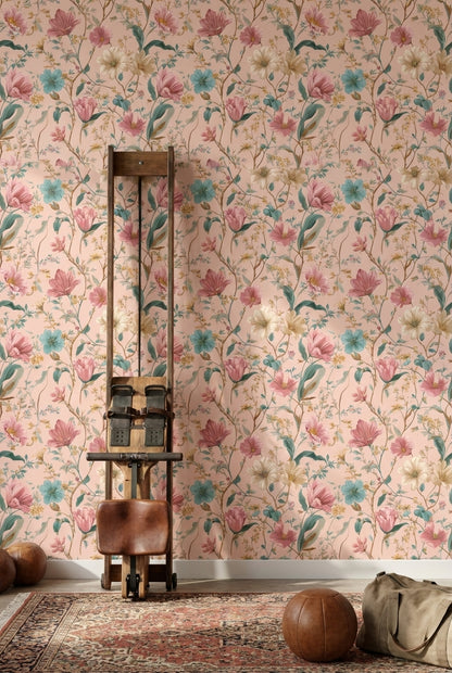 Blush Pink Vintage Wildflower Pattern Wallpaper