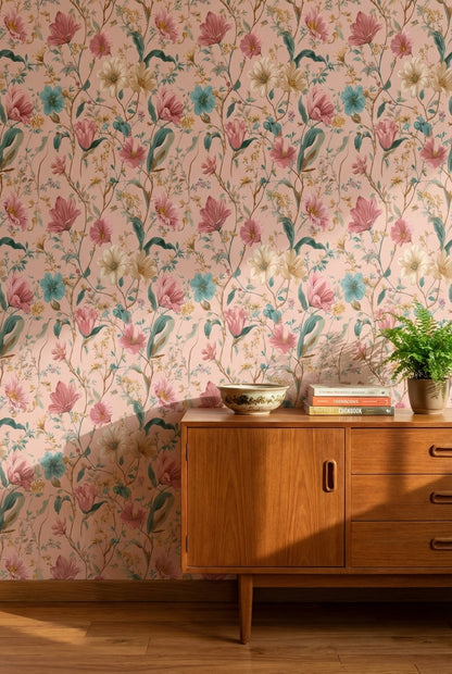 Blush Pink Vintage Wildflower Pattern Wallpaper