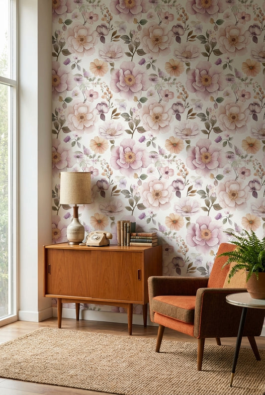 Cream and Lavender Large Floral Wallpaper