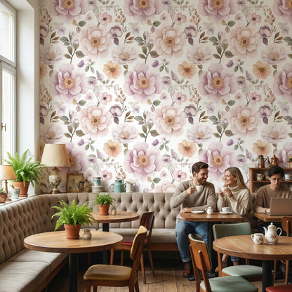 Cream and Lavender Large Floral Wallpaper