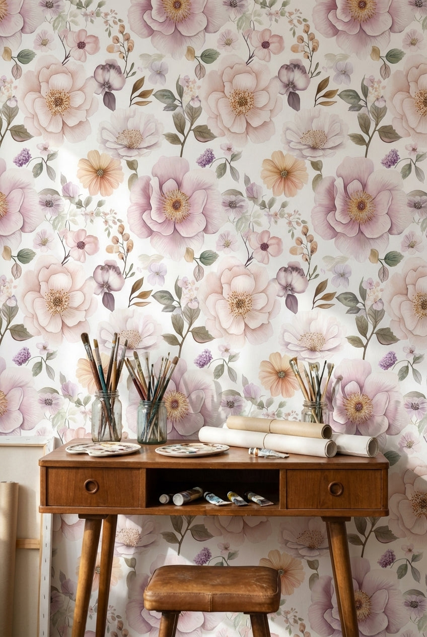 Cream and Lavender Large Floral Wallpaper