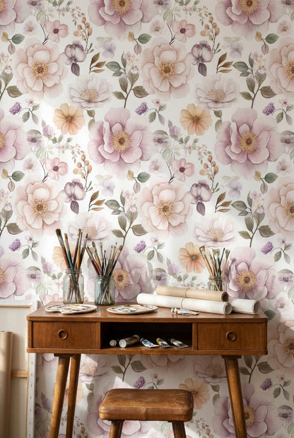 Cream and Lavender Large Floral Wallpaper