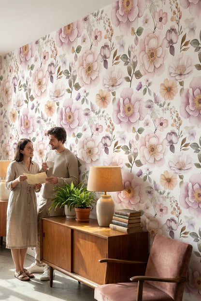 Cream and Lavender Large Floral Wallpaper