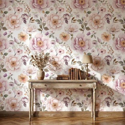 Cream and Lavender Large Floral Wallpaper