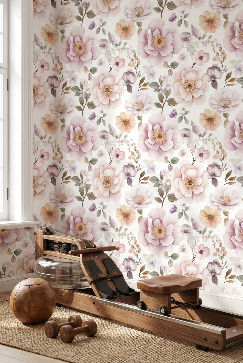 Cream and Lavender Large Floral Wallpaper