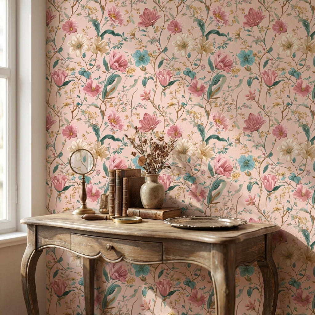 Blush Pink Vintage Wildflower Pattern Wallpaper
