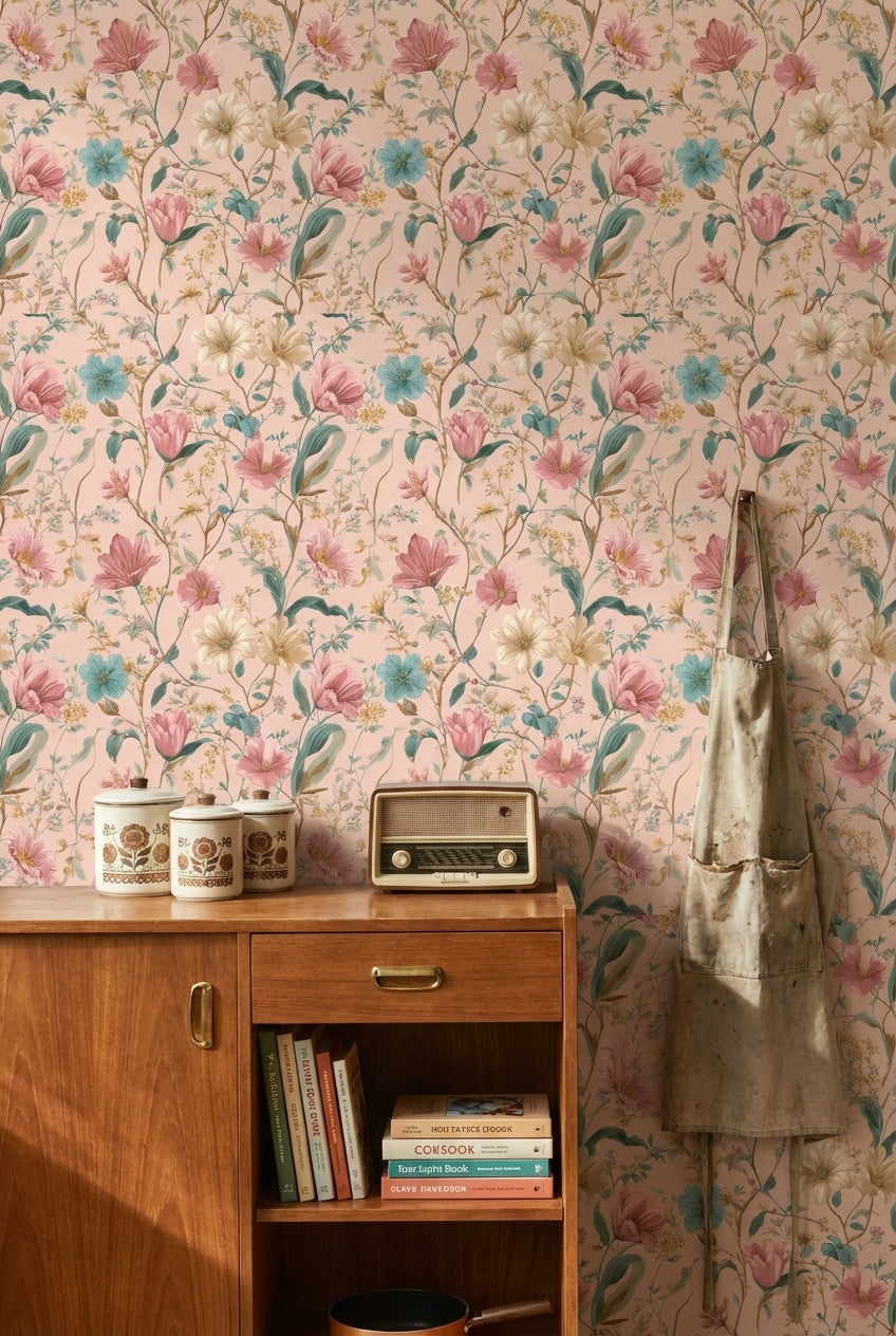 Blush Pink Vintage Wildflower Pattern Wallpaper