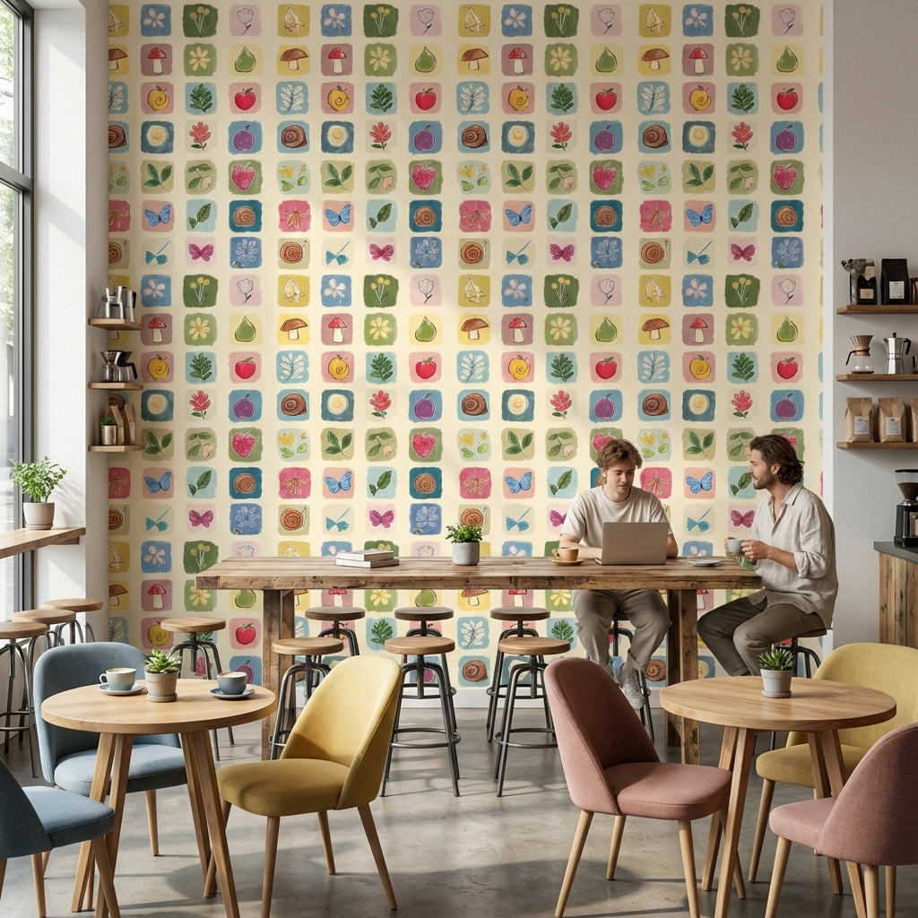Cream Multicolor Nature Squares Kids Wallpaper