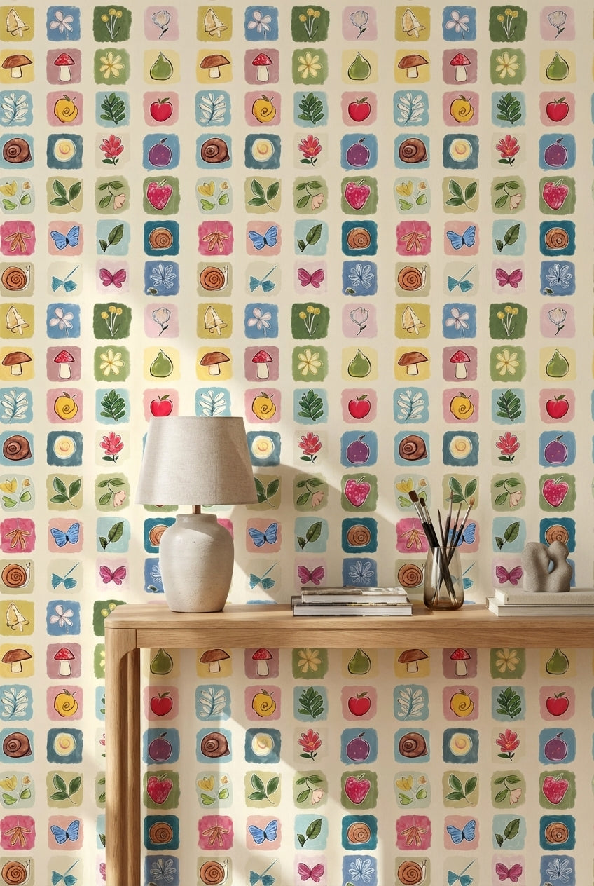 Cream Multicolor Nature Squares Kids Wallpaper