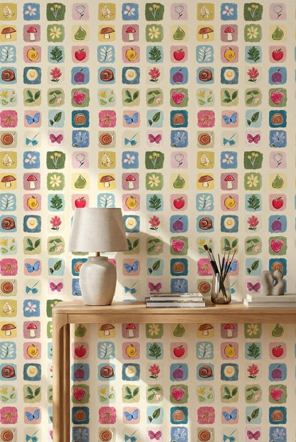 Cream Multicolor Nature Squares Kids Wallpaper