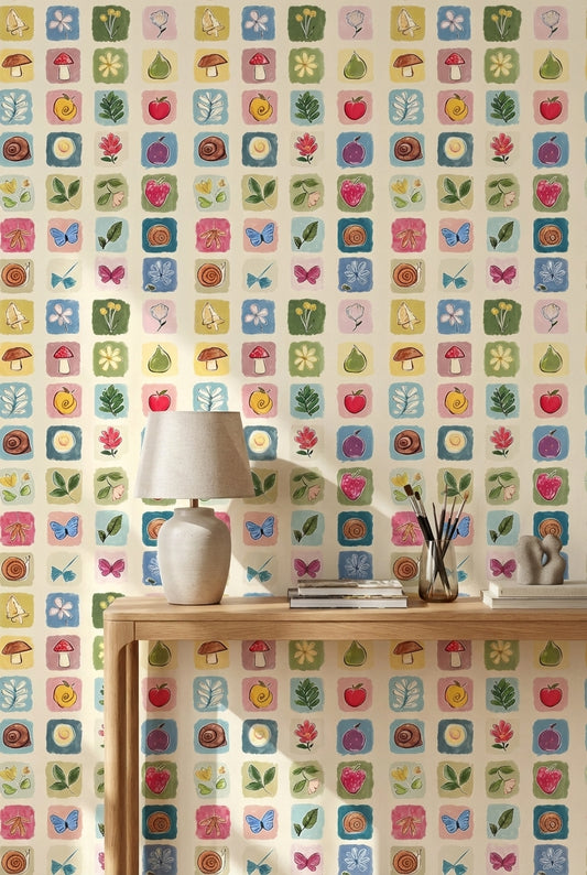 Cream Multicolor Nature Squares Kids Wallpaper